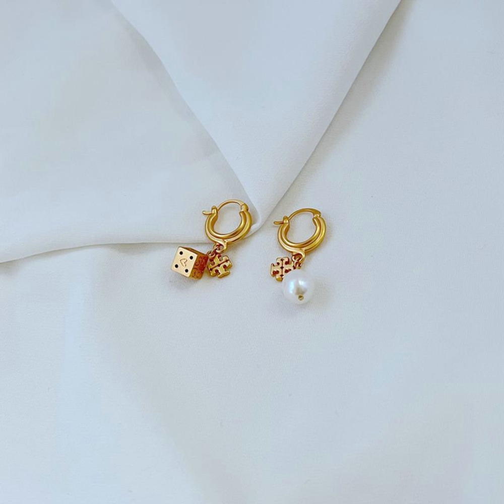 Tory Burch Kira Gold and Pearl Charm Hoop Earrings